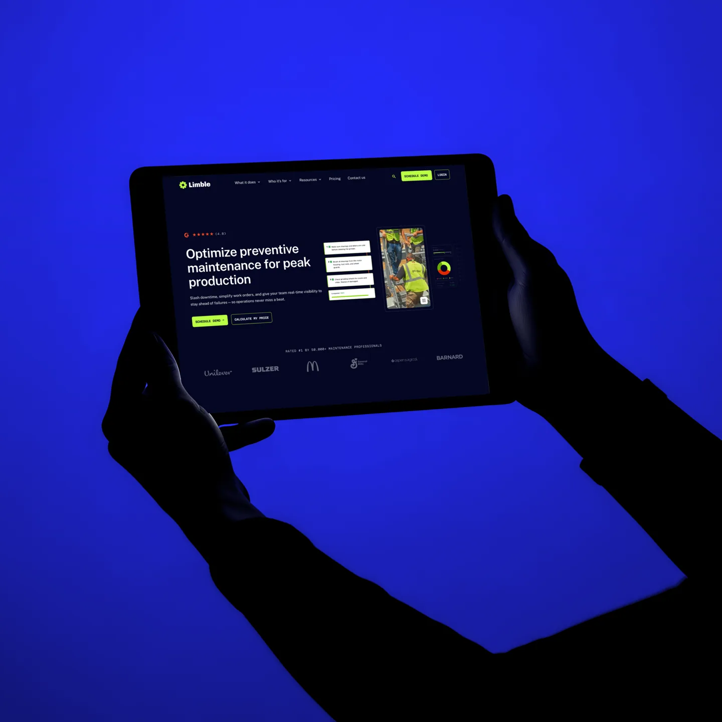 The Limble product page open on a tablet held in two hands, lit blue