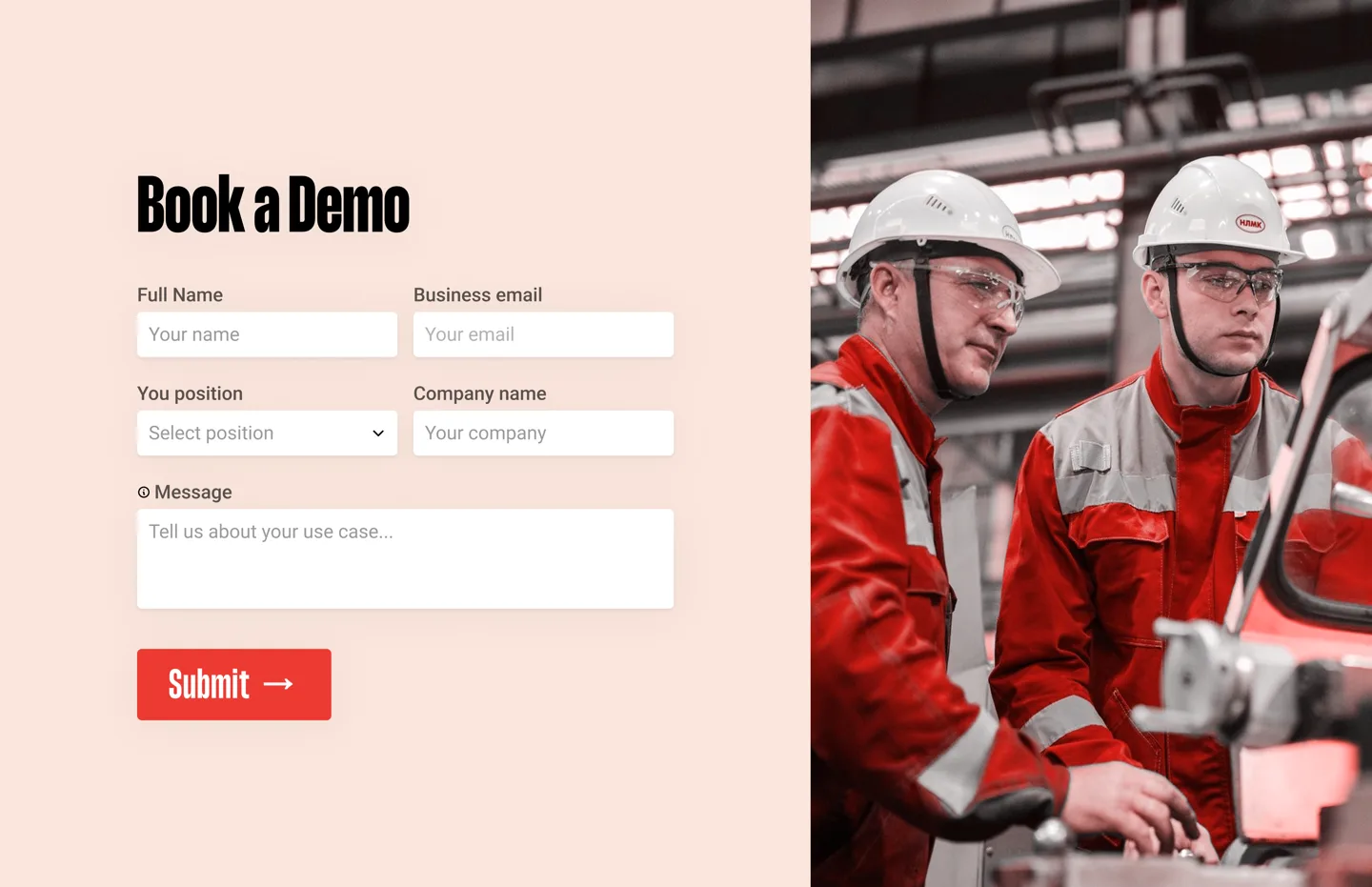 Book a demo form ending in a plain red button labelled Submit